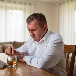 Мужчина сидит за столом со стаканом виски